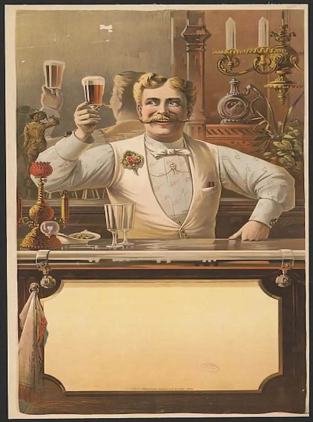 Vintage poster of a bartender making cocktails for guests