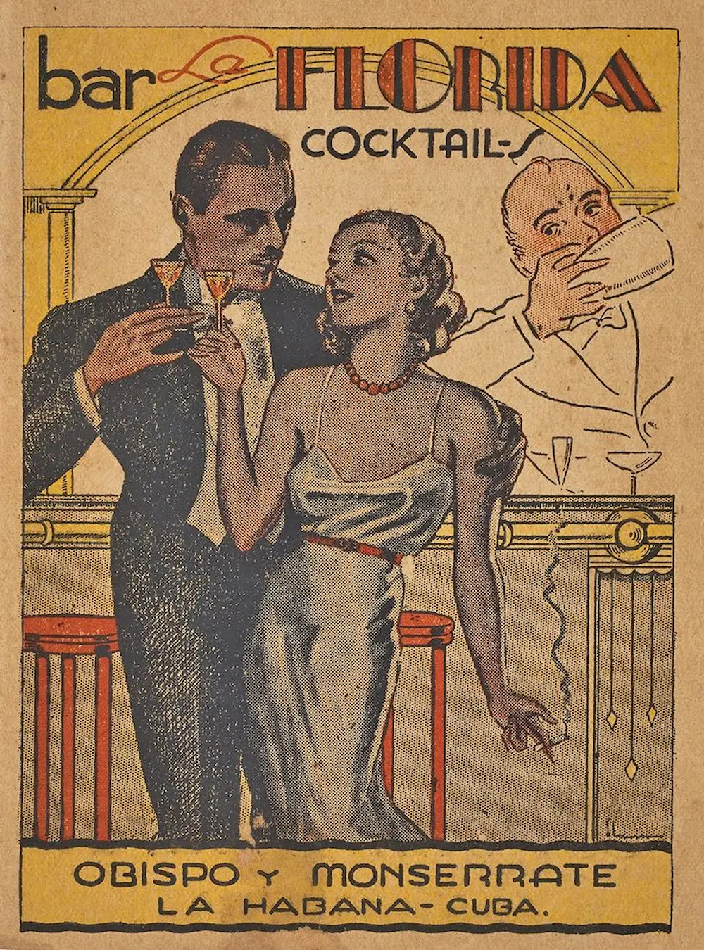 Vintage poster of a mixologist and couple drinking cocktails from a pop up bar