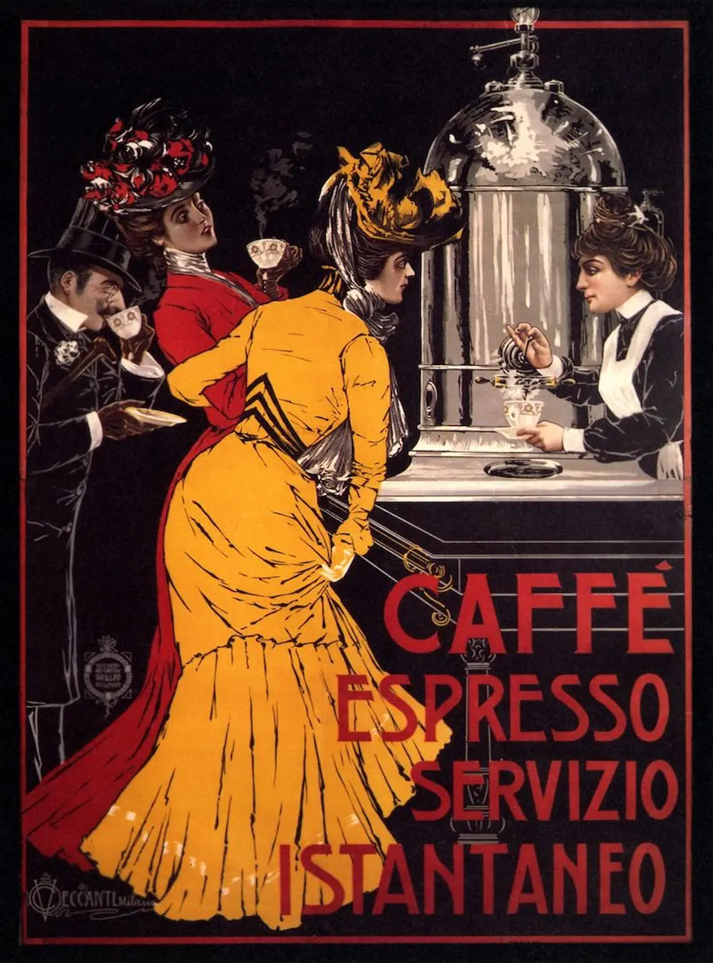 Vintage poster of ladies surrounding a mobile cocktail bar and bartender making cocktails for guests